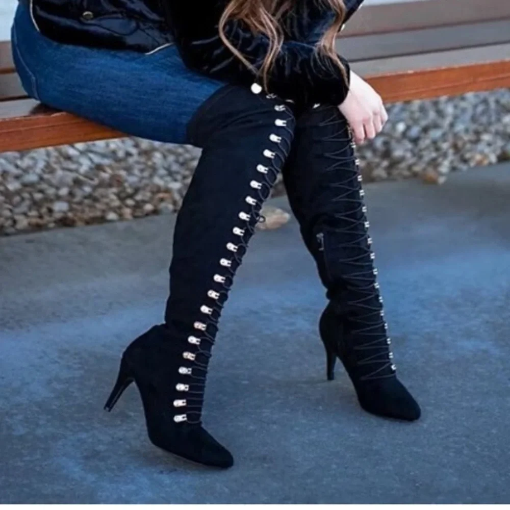 Journee Trill Black Wide Calf Thigh High Heeled Lace Up Boot Women’s Size 8.5